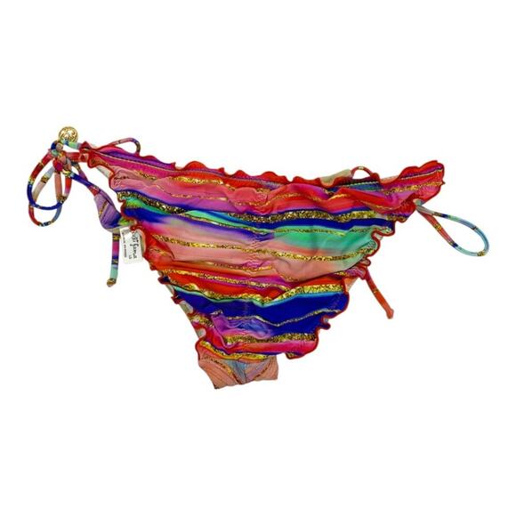 Luli Fama Bellamar Wavy Ruched Back Side Tie Bikini Bottom Size Large Pink Gold - Picture 2 of 4